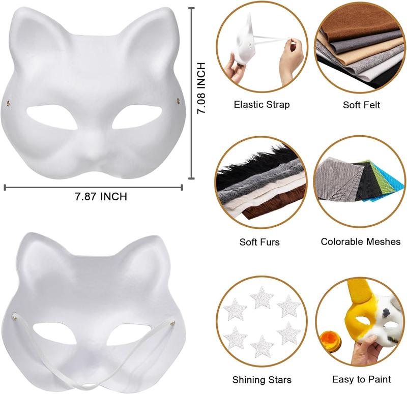 Cat Fox Therian Masks 42PCS with Felt Furs Eye Meshes and Stars, Costume Furry Masks to Paint, Animal Mask Arts Crafts Kit, Dress Up DIY for Halloween Christmas Cosplay Party Interaction