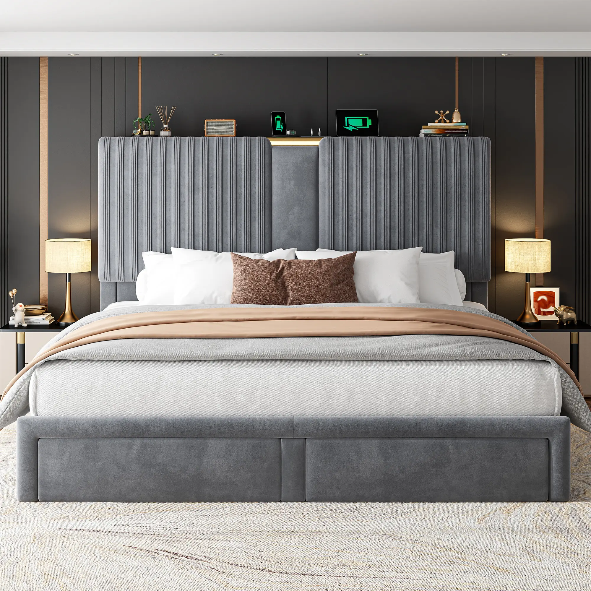 【High Headboard 2 Drawers】King/Queen Size Bed Frame with 2 Under bed Drawers, 51.3“ Velvet High headboard Silent Bed Frame With 3 USB Ports Charging Station ,NO MATTRESS,No Noise, Heavy Duty & Easy Assembly, Modern & Quiet Luxury, 1000 Lbs Capacity,Beige