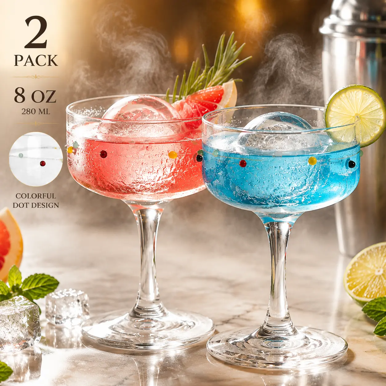 2-Pack 8oz Colorful Dot Borosilicate Coupe Glasses - Premium Lead-Free Crystal Clear Glassware Drinkware, Decorative Dots Party Serving Pieces, Dishwasher Safe for Cocktails, Bar, Birthday Gift