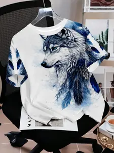 Men's Wolf Pattern Short Sleeve T-Shirt, Fashion Print Casual Top, Summer Leisure Wear, Round Neck Half Sleeve Shirt, Streetwear
