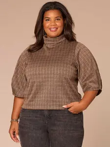 Pleated Elbow Sleeve Mock Neck Crop Hem Plus Size Knit Top