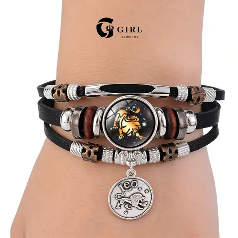 GGIRL Fashionable Punk Leather Bracelets - High-Quality Metal-Braided Unisex Adult Jewelry with 12 Zodiac Signs (Taurus, Capricorn, Aries), Glow-in-Dark Artificial Gems, Jewelry Accessories for Adults, Gift for Him