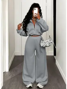 Women's Sporty Casual Two-Piece Set, Loose-Fit Zipper Hoodie & Jogger Pants, Comfortable and Stylish for Daily Wear, Style, Womenswear, Hooded Sportswear Set, Sports Clothing Set