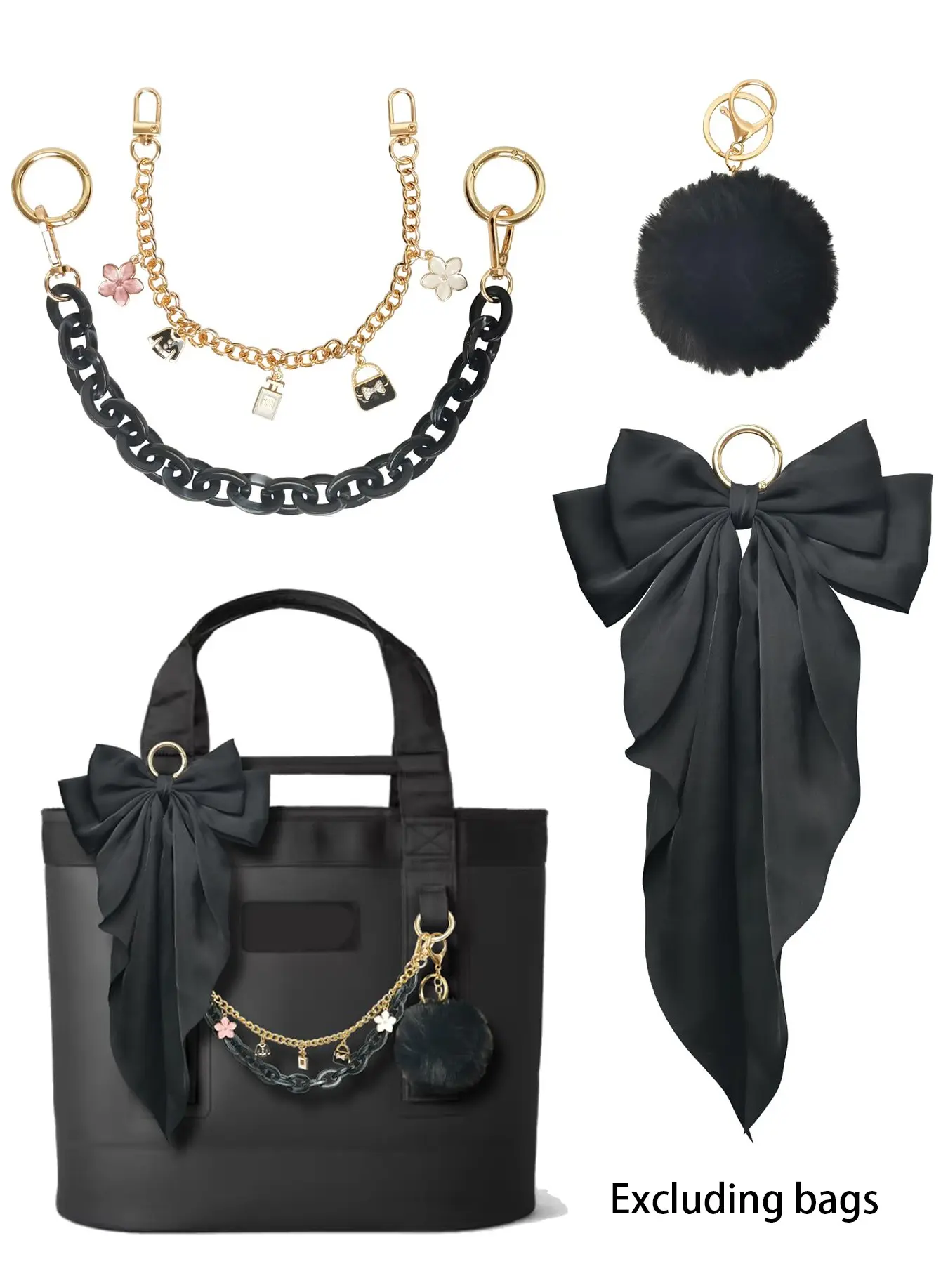 4PCS Elegant Tote Bag Accessories Set, Purse Accessories, 2 Chains, Satin Bow & Pom Pom, Handbag Decor Kit for Women, Bag Decoration, Bag Charm Set