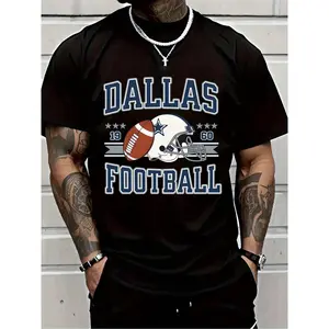Dallas Football Vintage Print Men'S Cotton T-Shirt-Casual Sports Style, Breathable Round Neck Short Sleeve Top