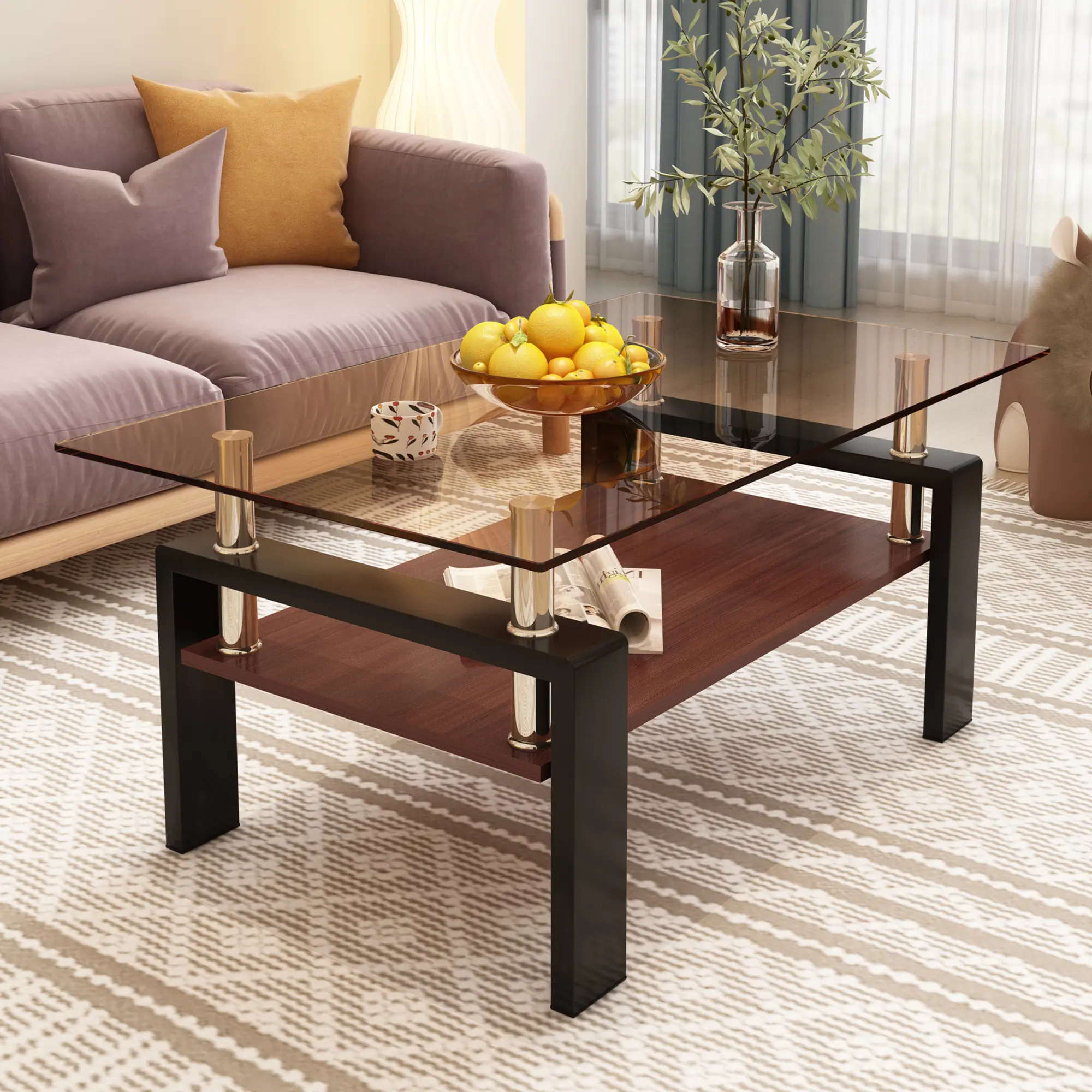 Rectangle Coffee Table, Tempered Glass Tabletop with MDF Layer, Modern Table for Living Room , Transparent Glass