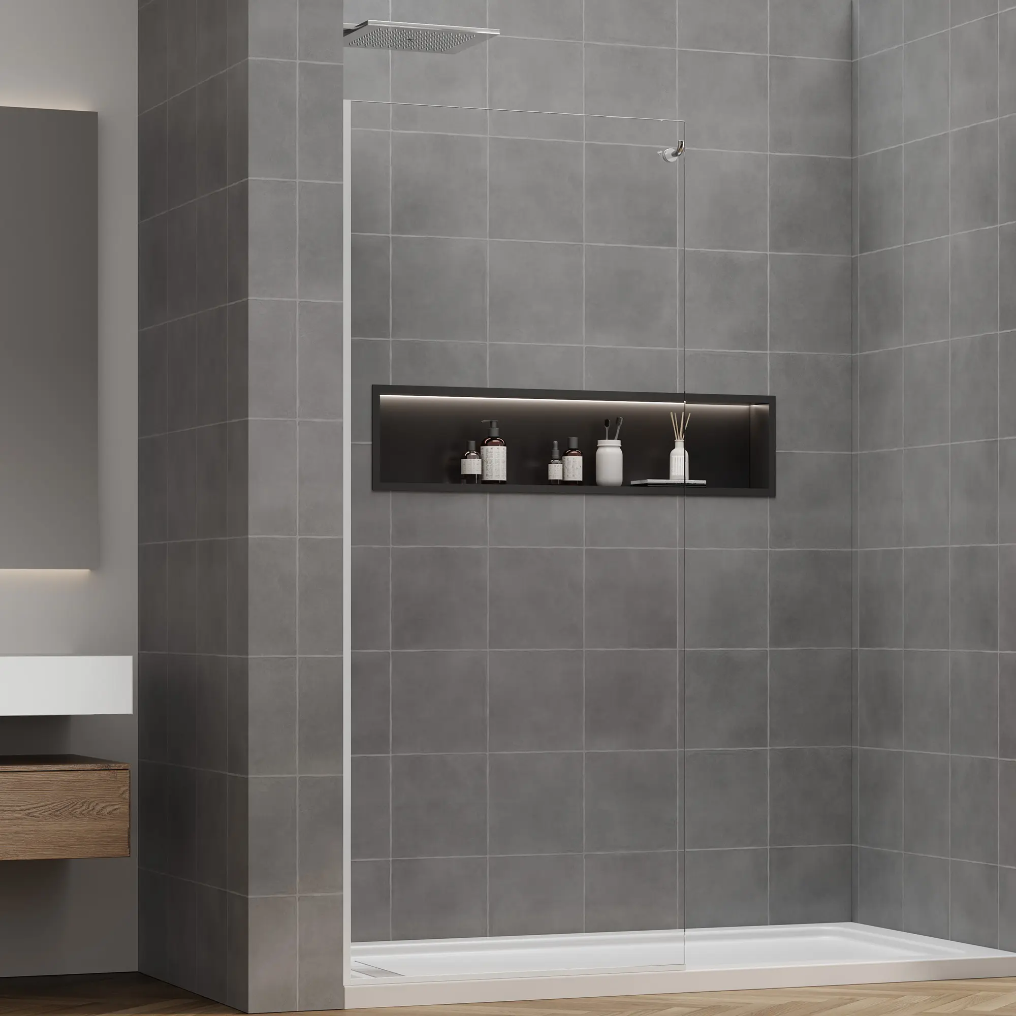 Shower Screen 32" x 76" Half Frameless Shower Wall Panel, Tempered Glass 3/8 inch, Easy to clean Coating, Fixed Glass Shower Door with Hardware (Light Chrome)) Curtain Window