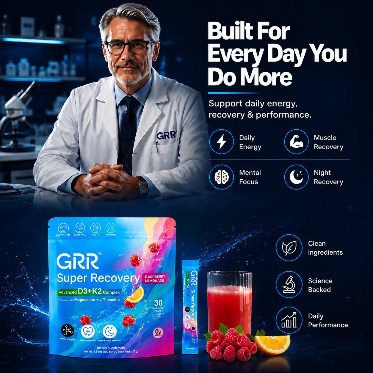 GRR Super Recovery  Daily Performance & Recovery Formula with Vitamin D3 K2, Magnesium Glycinate & L-Theanine | Energy, Focus & Wellness Support | 30 Stick Packs