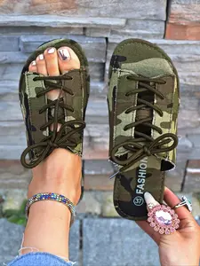 Women's Camo Print Slides, Casual Comfortable Flat Sandals for Beach, Fashionable Barefoot Shoes for Indoor & Outdoor Wear, Girl, Footwear, Slippers Sandals
