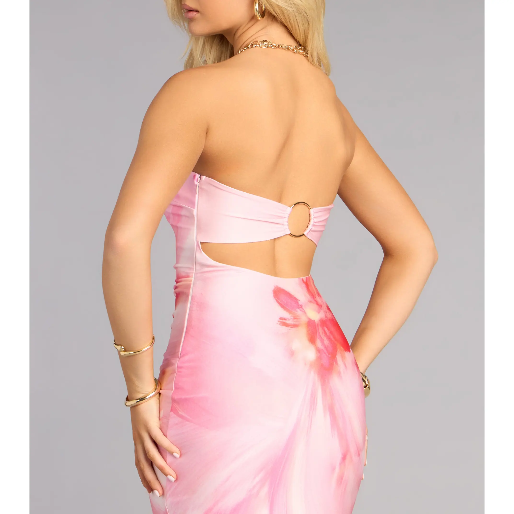 roxanna mermaid satin dress Roxanna Floral Print Strapless Mermaid Dress