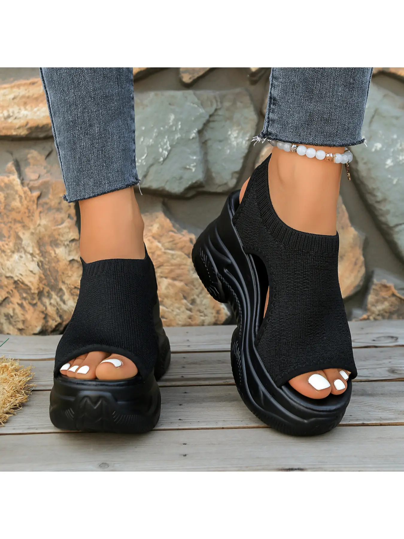 Women's Platform Sandals Elegant Fashionable Sandals Chunky Heel Elastic Fabric Casual Summer Shoes Breathable Open Toe Low Top Sandals for Beach Vacation Outdoor Chunky Sole Sandals