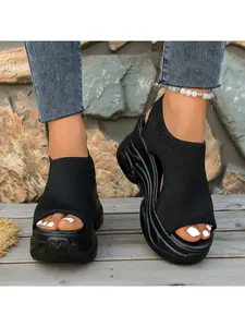 Women's Platform Sandals Chunky Heel Elastic Fabric Casual Summer Shoes Breathable Open Toe Low Top Sandals for Beach Vacation Outdoor