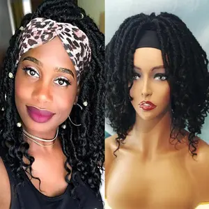 Dreadlock Braided Wigs with Headband Wear and Go Glueless Wig 14 Inch Black Faux Locs Bob Wig Synthetic Goddess Braids Crochet Hair Wig with Curly Ends Braided Wigs for Black Women (1B Black Color)