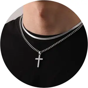 Cross Necklace for Men , Stainless Steel Layered Cuban Link Herringbone Chain Cross Pendant Christian Fashion  Gifts 16-24 Inches