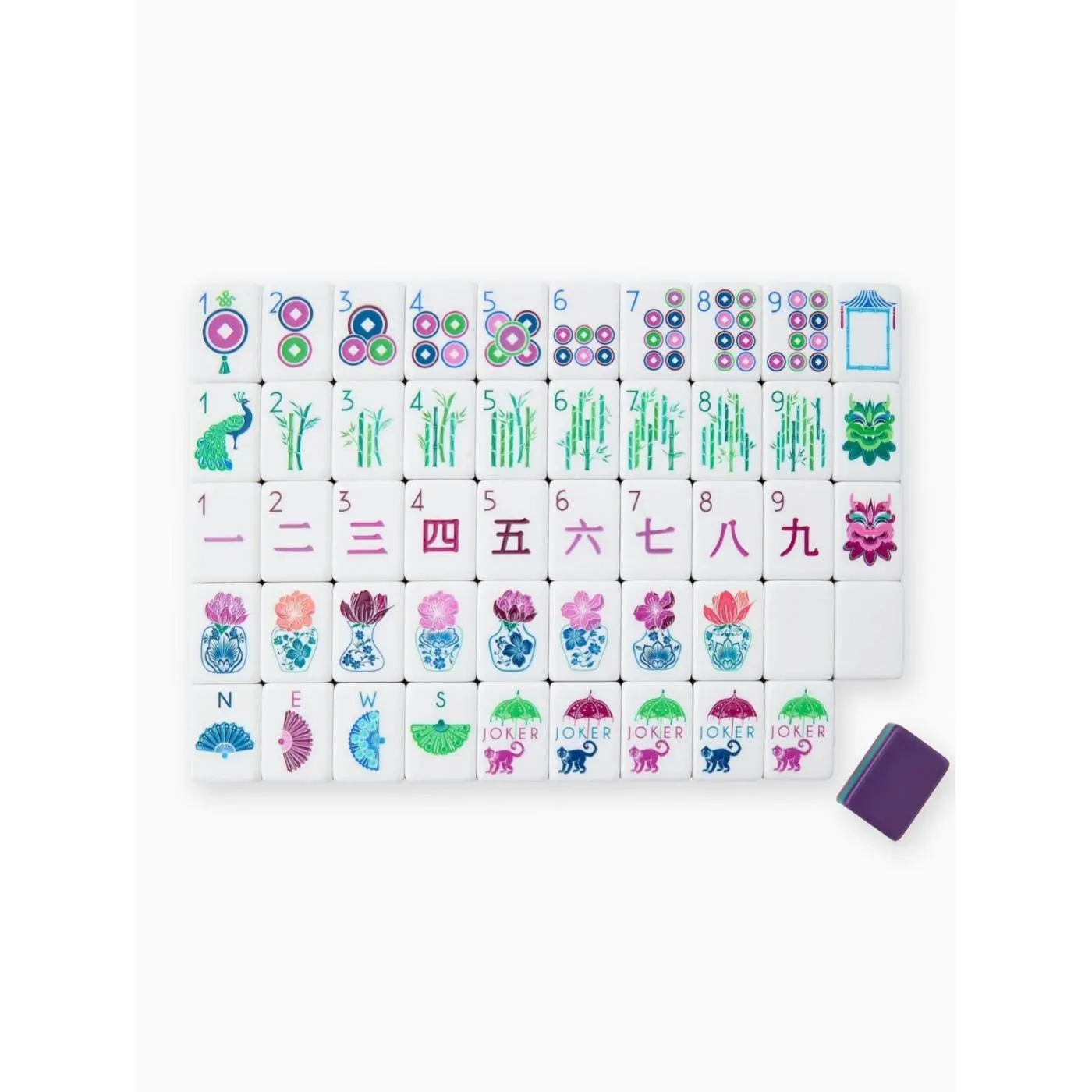 Purple-green gradient layered American-style Mahjong set, with lively peacock flowers and green bamboo illustrated tiles, adult Mahjong table game set, classic tabletop tiles, perfect for home social gatherings