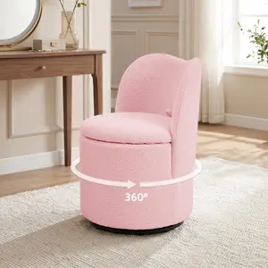 Garvee Modern 360° Swivel Vanity Chair with Hidden Storage Upholstered Ottoman Stool in Sherpa Pink for Bedroom Dressing & Living Room Ultra Comfortable Seating Experience
