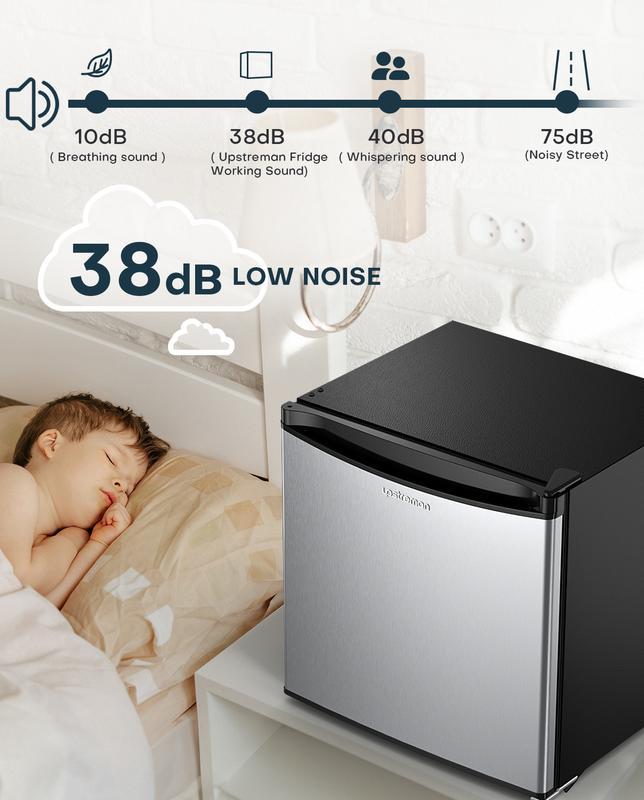 Upstreman mini fridges 1.7 Cu Ft with Freezer FR17 Adjustable Thermostat Energy Saving Low Noise Single Door Compact Refrigerator for Dorm Office Can Bedroom stainless Steel fridge mini  brands Small pantry drink fridge skincare fridge