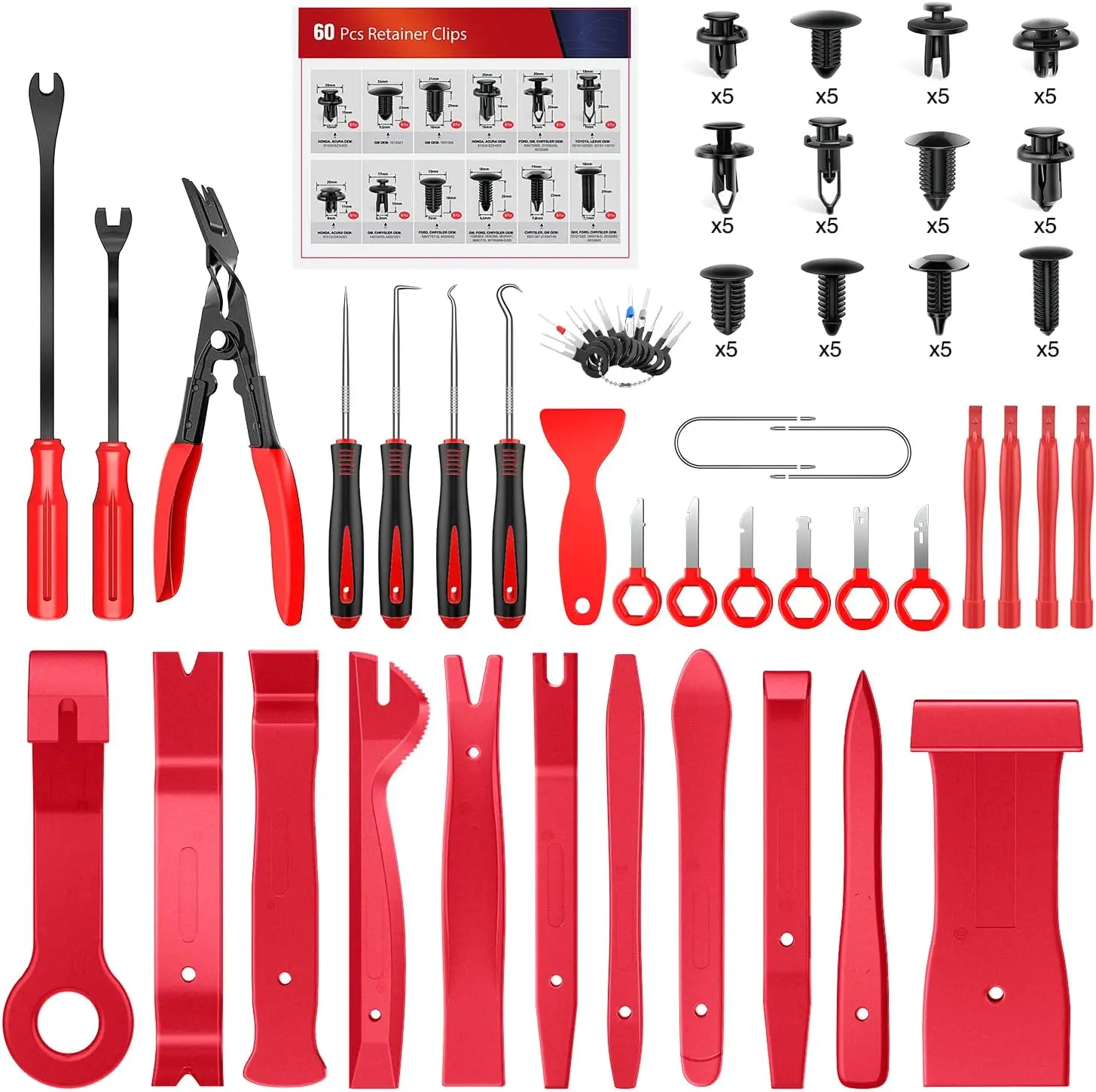 Nilight 102-Pcs Nylon Fiber Car Repair Tool Set - Multi-Tool Trim Kit with Zipper Pouch, Auto Push Pin Bumper Retainer Clips, Fastener Terminal Remover, Round Handle Crowbar, Car Panel Radio Pliers, Multi-Tool Trim Tools