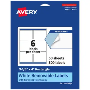 Avery Matte White Removable Rectangle Labels with Sure Feed Technology, 3-1/3" x 4"