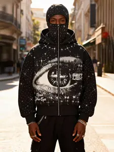 Men's Street Style Rhinestone Decor Windproof Hat, Two Hats with Pockets and Zipper Design, Fall & Winter Wear