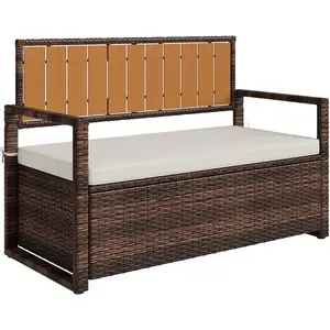 Outdoor Storage Bench with Cushion, 2-Seater PE Rattan Storage Box with Backrest & Armrests, 75 Gallon, 400 lbs Capacity Weatherproof Patio Bench for Garden, Balcony, Porch, Pool, Yard