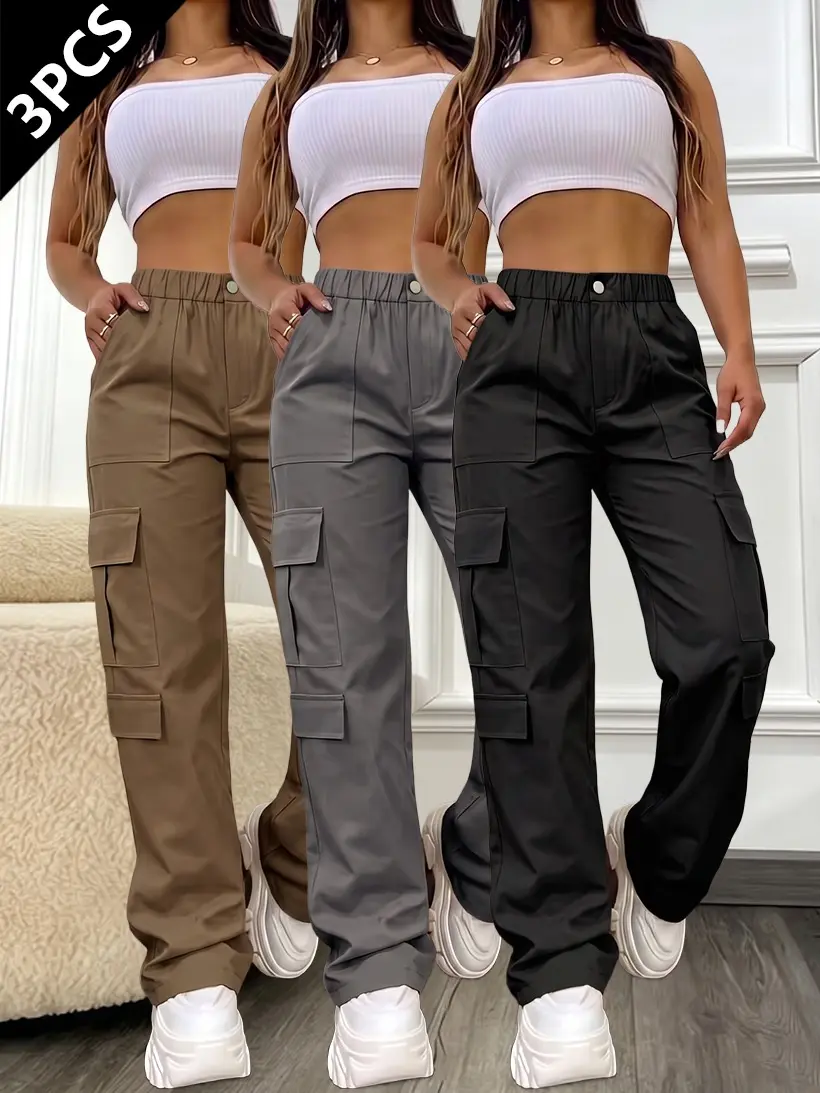 LIFE KEEPS MOVING Women’s Streetwear Cargo Pants – 3-Pack – Buttoned pocket design, non-stretch polyester fabric, loose long pants suitable for city wear, casual office settings, and travel – Machine-washable solid-color lightweight pants, casual apparel