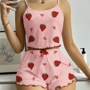 Women's Cute Strawberry Heart Strap Sweet Sleepwear Set, Sexy Home Clothes, Comfortable Casual Home Wear, All Seasons