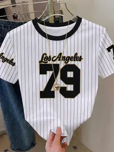 Los Angeles79 Striped Baseball Tee, American Vintage Style, Colorblock Neck + Number Print, Breathable, Casual Streetwear, Baseball Shirt