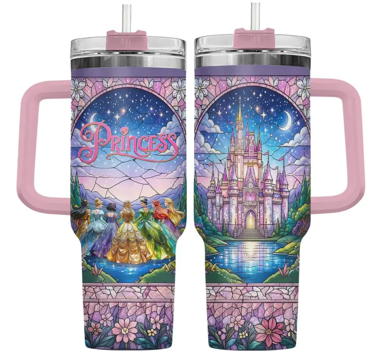 [Gift Box & Straw] Magical Princess Fairytale Style Tumbler 40oz With Handle, Stained Glass Castle Fantasy Graphic Stainless Steel Insulated Travel Mug, Romance Dream Drinkware Gift For Women Adults