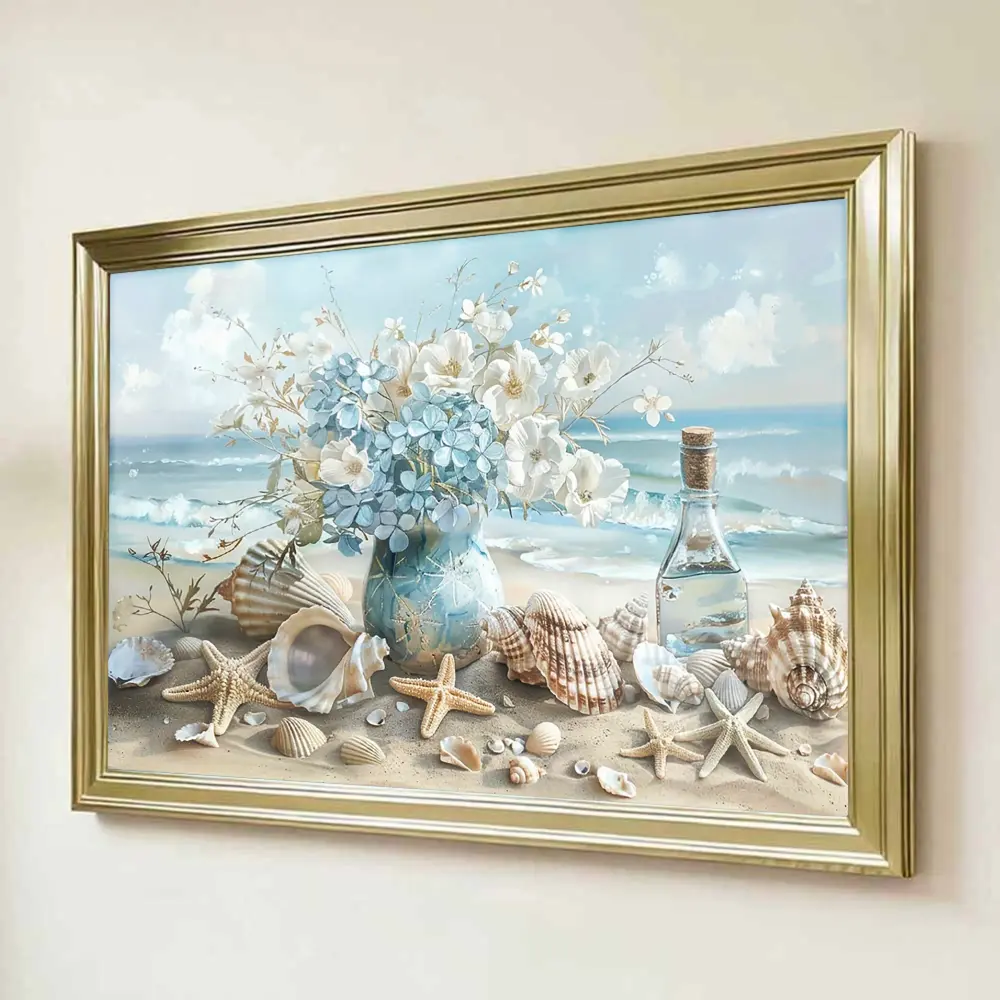 1pc Framed Stainless Steel Print - 30×40cm Horizontal Coastal Still Life Floral Decor, Blue Vase with Seashells Starfish, Nautical Wall Art, Living Room Decor, Ideal Home Gift for Bedroom, Home Inspo, Fade Resistant