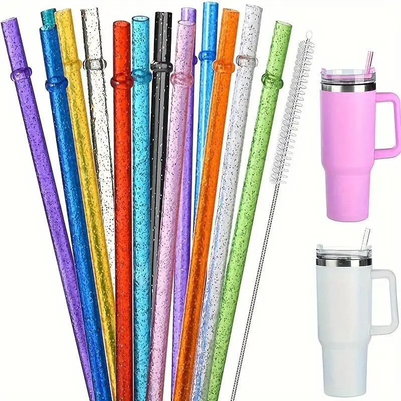 Reusable Glitter Straws with Straw Brush, 12pcs/set Random Color Long Straw for Stanley Cup, Drinking Straws for Home Kitchen Party, without Cup