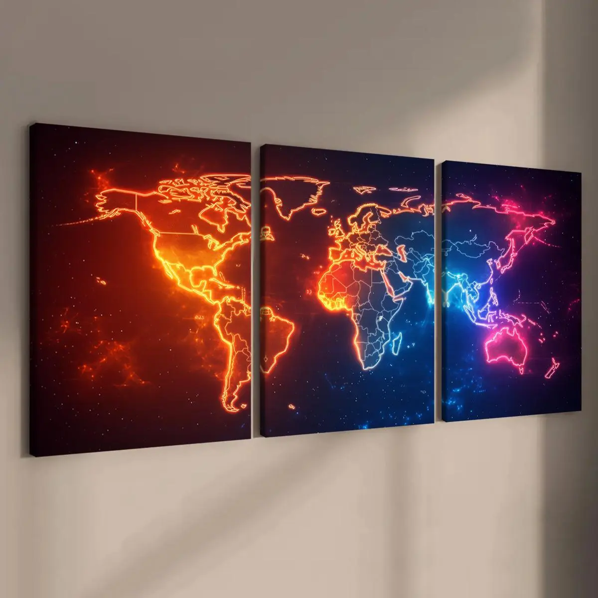 Neon World Map Pattern Canvas Painting Framed, 3 Counts/set Modern Wooden Wall Art, Wall Picture Decor for Home Living Room Bedroom Office School