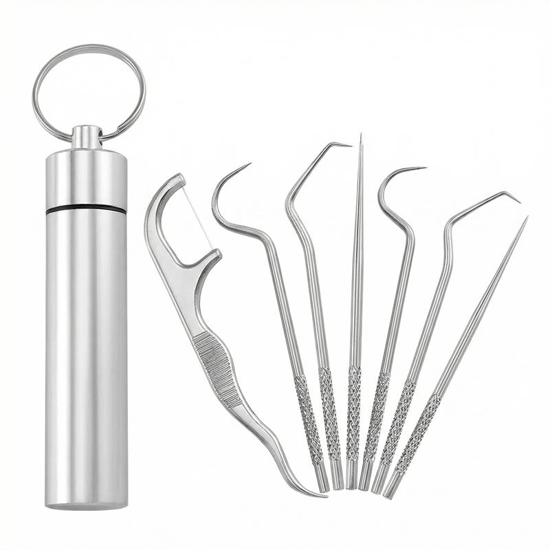7 Pcs Portable Stainless Steel Toothpick Set, Reusable Remover Dental Tool Teeth Cleaning Tools,Keychain Toothpicks Travel Toothpick with Storage Box for Outdoor Picnic Camping Traveling-Christmas gifts, Thanksgiving gifts