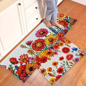 1/2/3PcsRed Floral Kitchen Rug ,Spring Home Decor,Pineapple Texture Design Kitchen Rugs, Washable Non-Slip Floor Mat, Doormat,Bathroom Mat-16x24+20x32+20x47 Inches
