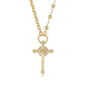 MEIITRUE 14K Gold Plated Cross Pendant Necklace for Women, Dainty Cubic Zirconia Beaded Necklace, Faith Jewelry Religious Gifts for Women