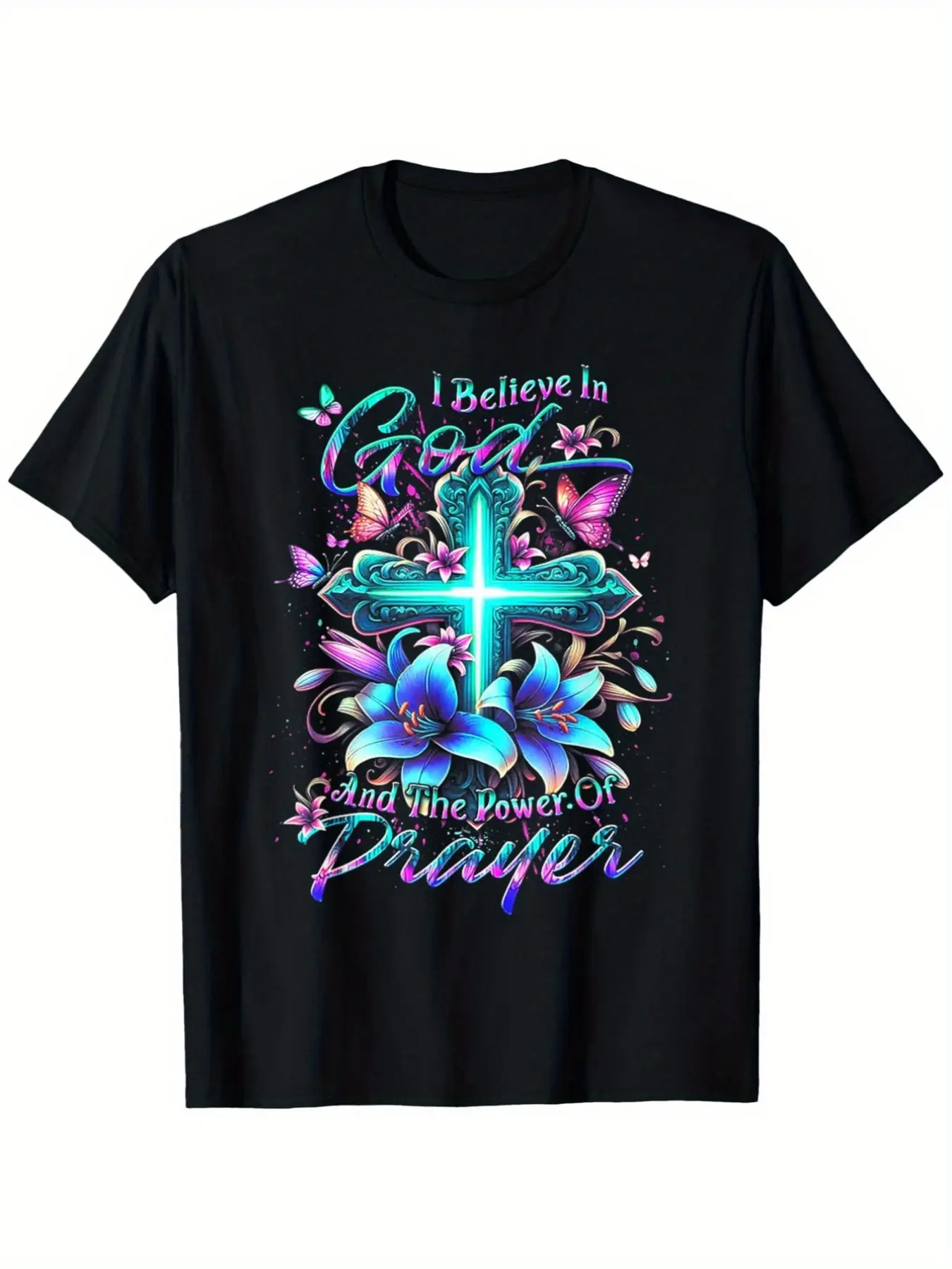 Women's Motivational Prayer T-Shirt - Colorful Floral Cross Pattern, Regular Fit, Comfortable Stretch Material, All-Season Womenswear Top, Ideal Gift Idea