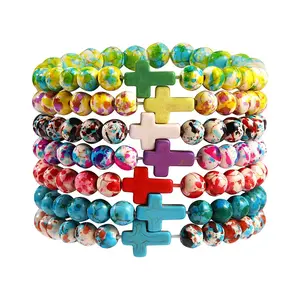 Vintage Double Color Gemstone Beaded Bohemian Bracelet Set Handmade Elastic Multi-layer Cross Foldable Women's Bracelet Jewelry Gift