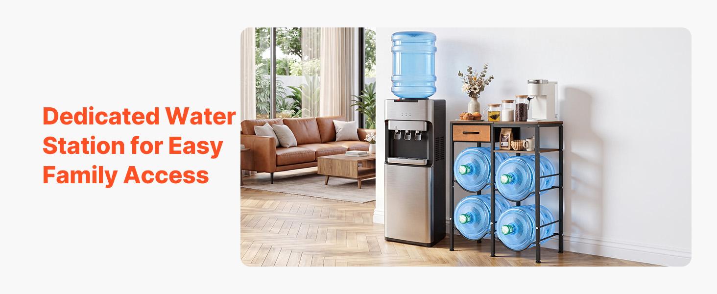 【summerfinds】VEVOR Water Jug Holder, 4 Tiers Double Rows 3 and 5 Gallon Water Bottle Holder for 4 Bottles, Heavy Duty Jug Rack Organizer with Storage Shelf and Drawer, for Kitchen, Living Room, Black and Brown