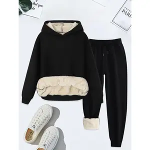 Women’s Casual Sporty Hoodie Tracksuit Set, Thick Fleece-Lined Pullover & Sweatpants, Stylish and Comfortable for Everyday Wear
