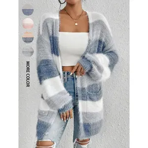 Women’s colorblock striped print long-sleeve fuzzy cardigan, casual open-front long cardigan for daily wear, ladies’ clothing for all seasons, womenswear, knitwear
