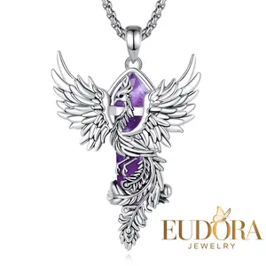 Natural Crystal Phoenix Necklace, Silver Bird of Rebirth Pendant, Healing Amethyst Pink Quartz, Handmade Spiritual Jewelry for New Beginnings