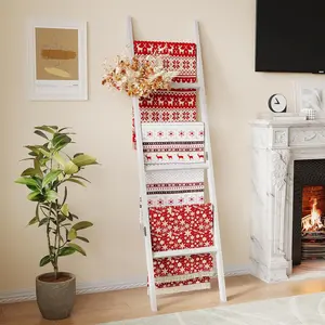 Bamboo Rack 6-Tier Blanket Ladder for Living Room, Bedroom,-Saving Decorative Ladder for, Towels and More White