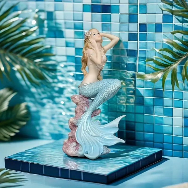 Elegant Resin Mermaid Figurine - Charming Ocean Baby Nautical Home & Office Decor, No Power Needed, Mermaid Party Ornaments Statue, Charming Ocean Baby Mermaid Home Office Decorati0