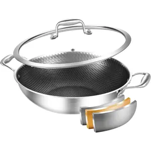 12-Inch Wok Pan With Lid, Tri-Ply Stainless Steel, Non-Stick, Oven Safe Up to 600F, 5QT Capacity, Induction Compatible