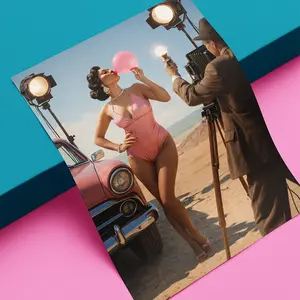 Retro Pinup Model Bubblegum Satin Poster | Vintage Beach Photography Print