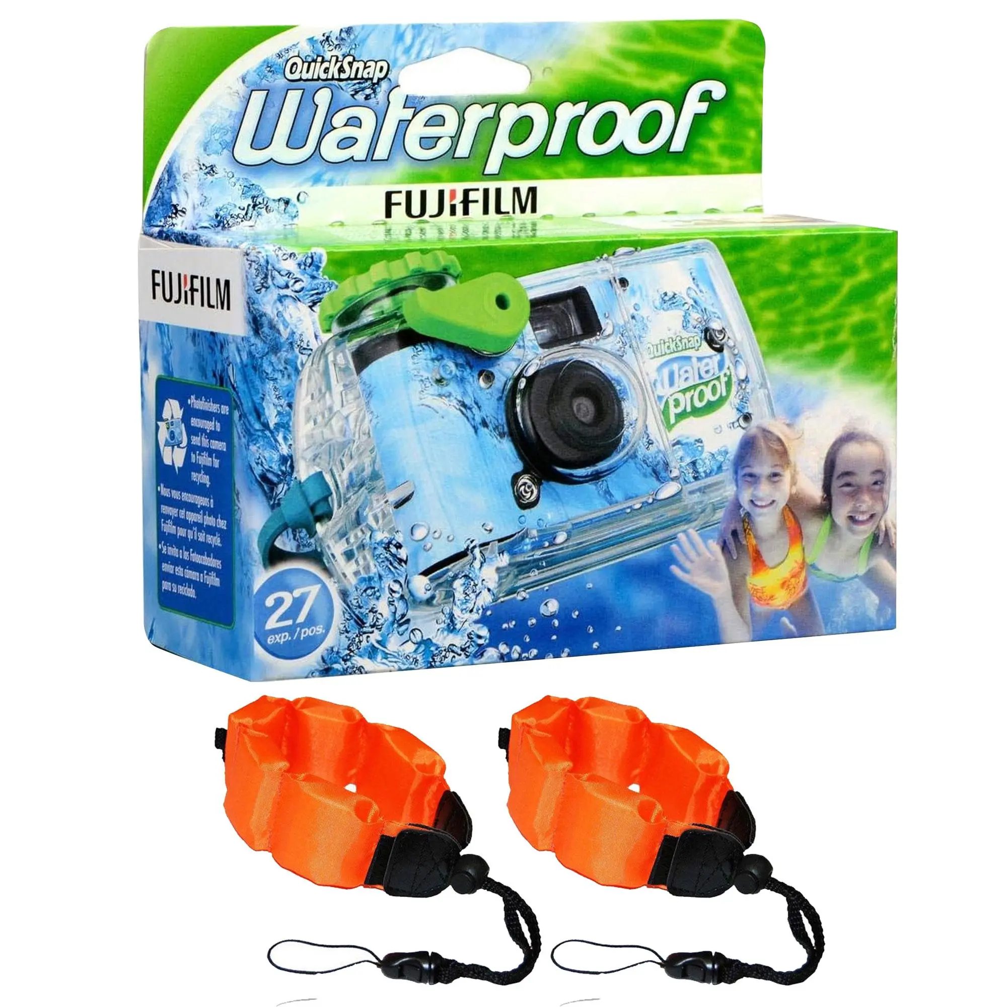 Fujifilm QuickSnap 800 Waterproof Disposable 35mm Camera - 27 Exposures, 2x Floating Foam Straps, Orange