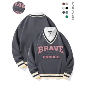 Men's 2-IN-1 Letter Print Drop Shoulder Collared Sweater, Casual Comfy Pullover, Loose Casual Preppy Striped Trim Long Sleeve Button Jumper for Spring & Fall, Fashion Men's Knitwear for Daily Wear