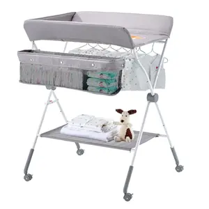 Foldable Type Baby Changing Table, Adjustable Height Portable Setup Diaper Change Station with Side Basket, Locking Wheels, Multi-Storage Organizer for Nursery, Light Gray