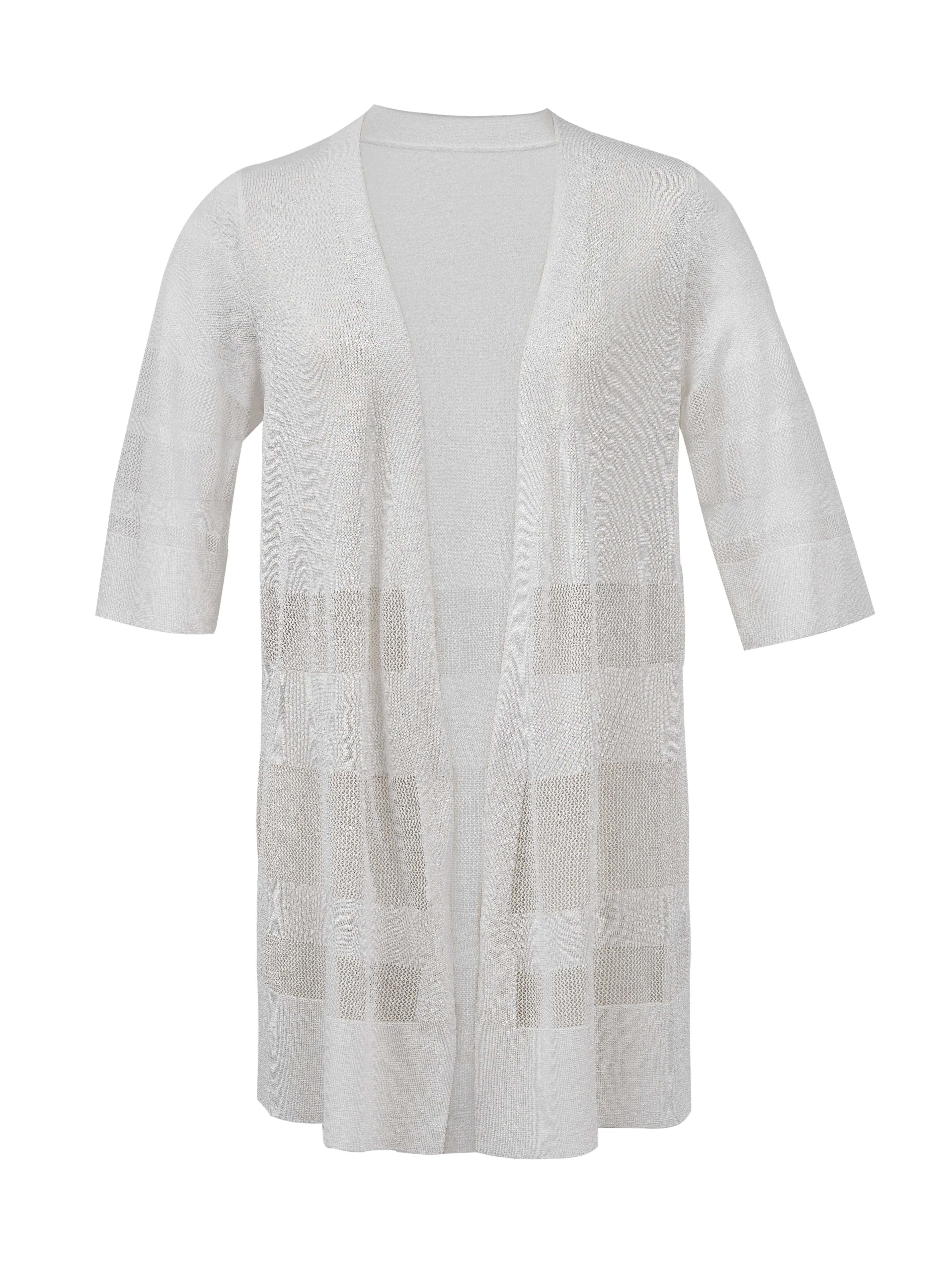 Women's Ivory White Lightweight Long Cardigan Sweater, Open Front V Neck Sheer Knit Duster, Hollow Out Short Sleeve Summer Layer