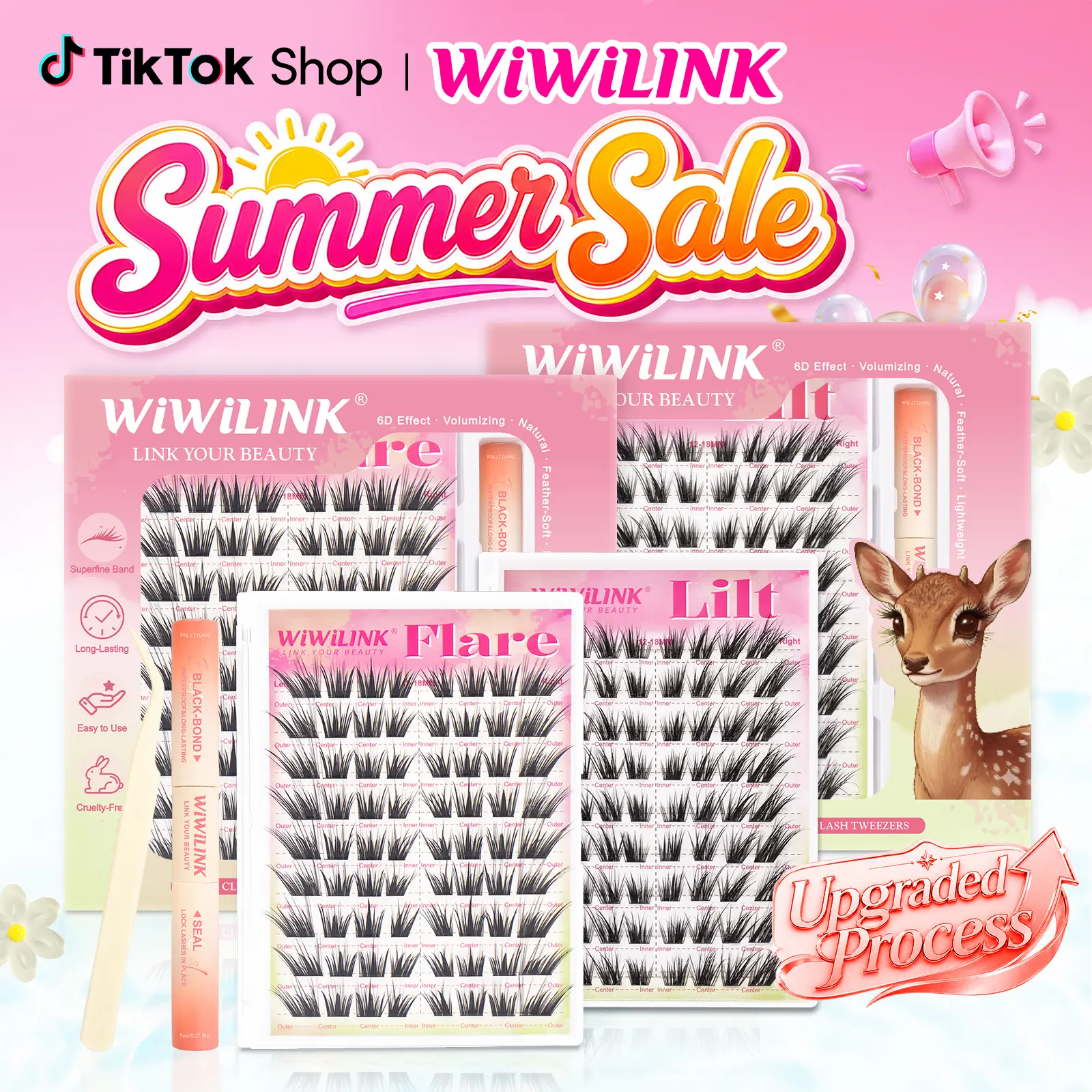 WiWiLINK Flare Lilt 3D Cluster Lashes Kit, CC Curl DIY Lash Extension Set, 12-18mm Mixed Individual Clusters, Soft Thin Band Waterproof Long-Lasting Eyelashes with Lash Bond, Seal & Tweezers